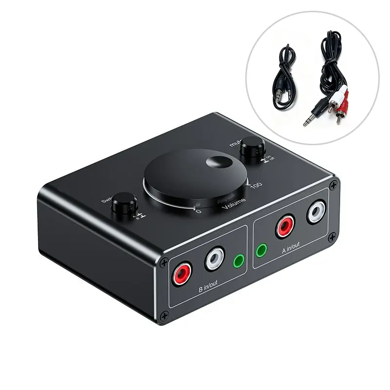 2RCA-3.5mm Bidirectional Audio Switcher, Durable Aluminium Mini Converter Adapter with 2 Inputs, Volume Control, Plug-and-Play for Amplifier, Office PC, Mobile Phone