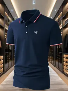 Plus Size Men's Business Polo Shirt, Fitted Casual Collared, Comfortable Breathable Fabric, Color Block Short Sleeve with Crown Letter Print, Ideal for Summer Outdoor Casual Wear, Polo Tees