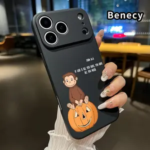 Straight Edge Phone Case for iPhone 17 15 16 14 Pro Max 13 12 11 XR XS Plus Air E  Monkey on Pumpkin Pattern Anti-Scratch Shockproof TPU Bumper Drop-proof Cover Cellphone Protective