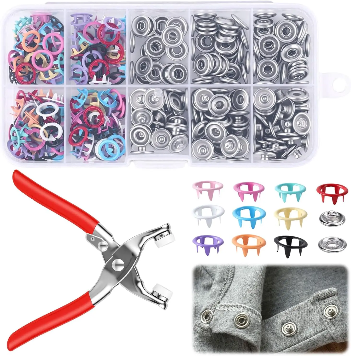 100-Set Metal Snap Buttons Kit with Fastener Pliers Press Tool, 9.5mm Snap Fasteners for DIY Crafts, Clothing, Sewing Projects (Multicolor)