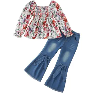 Toddler Baby Girl Clothes Little Girls Fall Winter Outfits Kids Smocked Shirt Bell Bottom Jeans Denim Pants Clothing