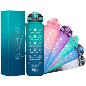 Reusable 1 Litre Water Bottle, BPA-Free Tritan Plastic Sports Bottle, with Filter and Time Marker for Children and Adults, Drinkware Cover