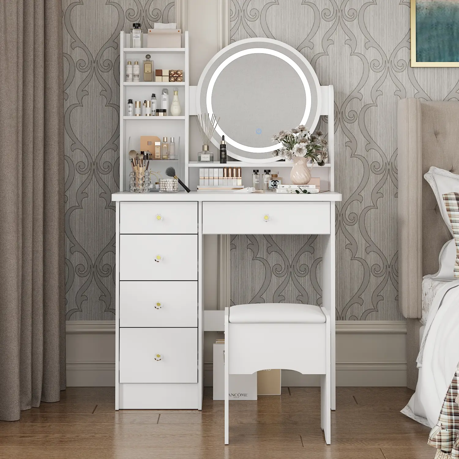 FUFU&GAGA New Crystal Handle Vanity Desk with Mirror, Lights, Drawers, Cushion Stool, and Storage Options for Makeup and Accessories