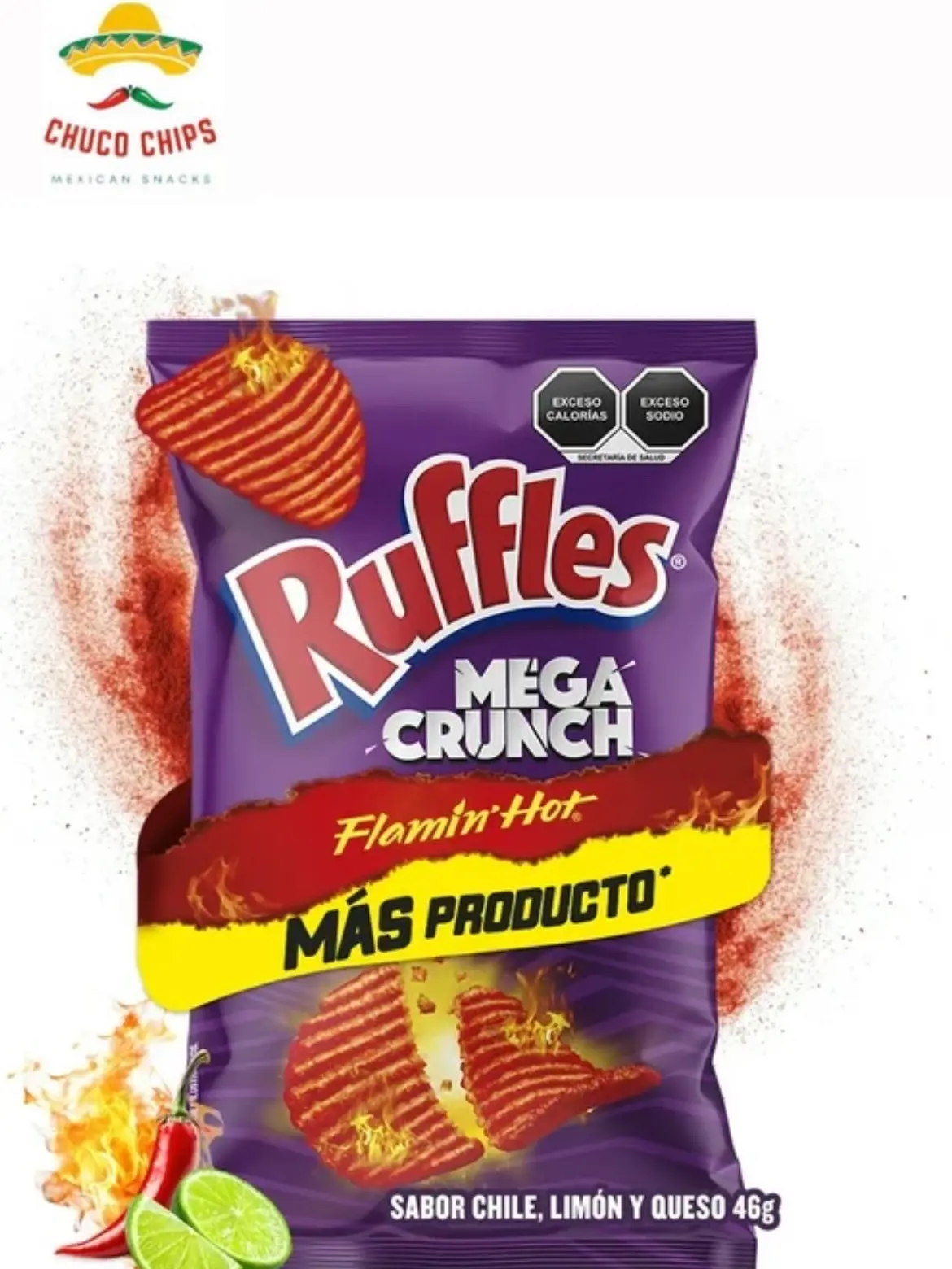Ruffles Mega Crunch Flamin’ Hot! 5 bags of 36 grams each. Ruffles Mega Crunch Flamin’ Hot! 5 bags of 36 grams each.