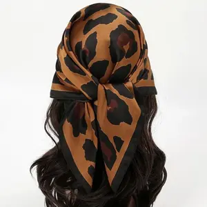 Leopard Print Square Head Scarf Versatile Use Silky Sift Neck Scarf for Women Casual Trendy Fashionable Hair Accessory