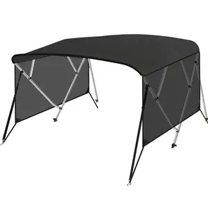 4 Bow Bimini Tops for Boat, 96"L*54" H*67"-72" W Boat Canopy with Zippered Light Transmission Side Curtains, Pu Coating Canvas, 1" Aluminum Frame, Include 2 Straps, 2 Stable Rear Support Pole,Black