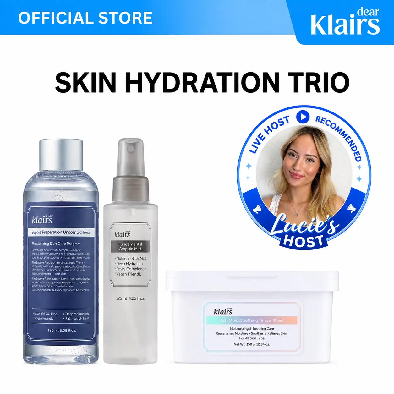 [Dear Klairs Official] Lucie's Skin Hydration Trio | Host's Choice Bundle: Fundamental Ampule Mist & Supple Preparation Unscented Toner & Vitamin Skin Prep Toner Pads | Hydrating, Brightening, Glowing, Lightweight, Alcohol-Free, Panthenol, Vitamin C