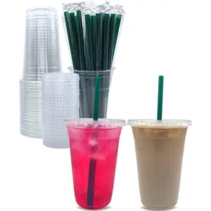 20 oz Clear Plastic Cups with Lids and STRAWS, Disposable Party Cups for To Go Iced Coffee Cold Drinks, Smoothie, Juice, Parfait, Frappuccino, Milkshake. No Leaking Fruit Cup, 25 Sets