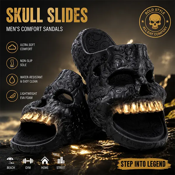 Men's 2026 Trendy Gothic Skull Casual Slide Shoes - Lightweight EVA Foam Open-Toe Non-Slip Slip-On Walking Shoes, Summer Sandals for Beach, Streetwear Use