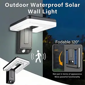 Outdoor Solar Wall Light with Human Motion-Sensor, 120° Wide-Angle Flood Lighting, 3 Lighting Modes for Garden and Garage, Security Light for Backyard and Fence, Waterproof Solar Lights