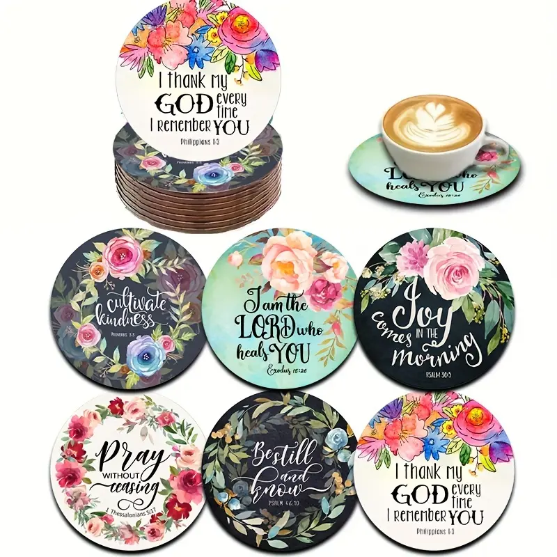 6-piece set of motivational wooden coasters - featuring Bible verses, faith, and spiritual patterns, perfect for coffee, tea, and beverages - perfect for home decor and housewarming gifts Round Coaster Coasters For Drinks