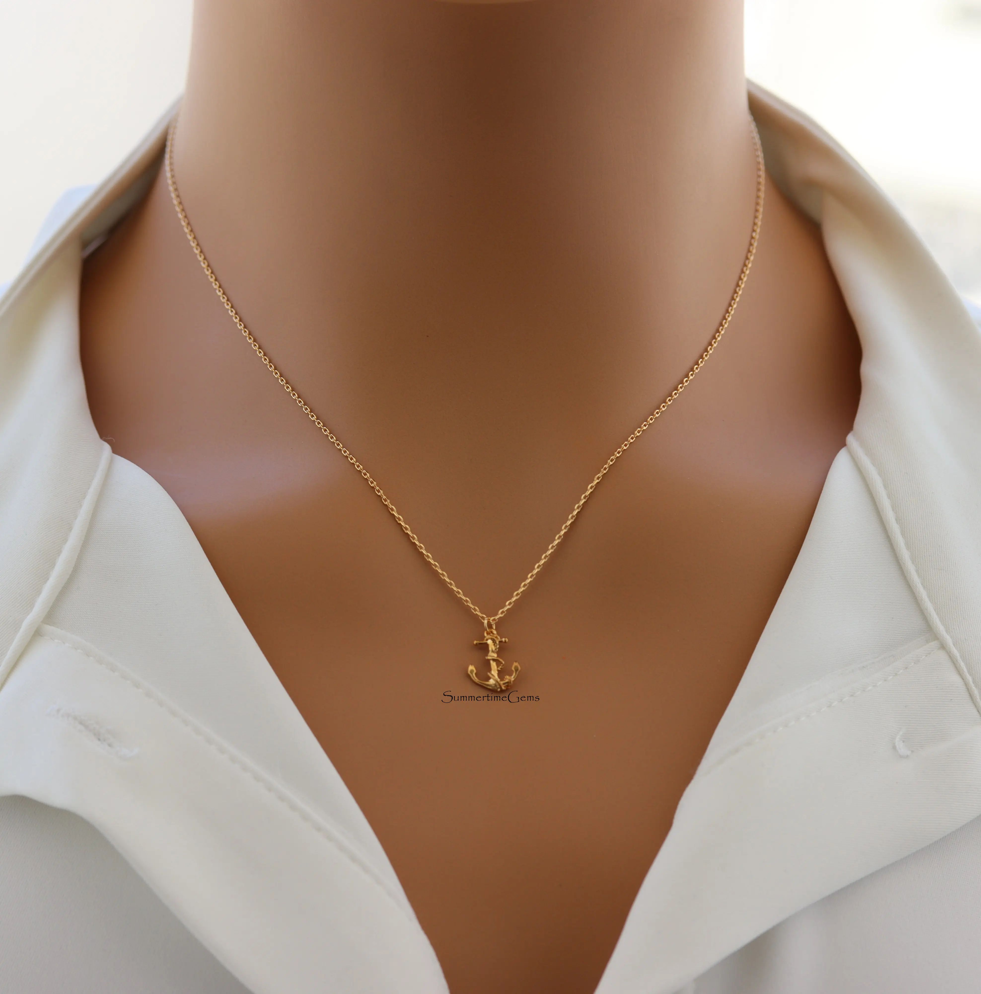 SUMMERTIMEGEMS 18K Brass Gold Plated Anchor Pendant Necklace - Adjustable Chain, 0.22" Height, 0.17" Width Nautical Jewelry for Travelers, Coastal & Everyday Style