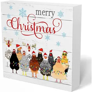 Christmas Chicken Wooden Box Sign, Merry Christmas Gifts for Chickens Lovers, Funny Chicken Wood Signs for Home Office Desk Table Shelf Decor, 5x5 Inch