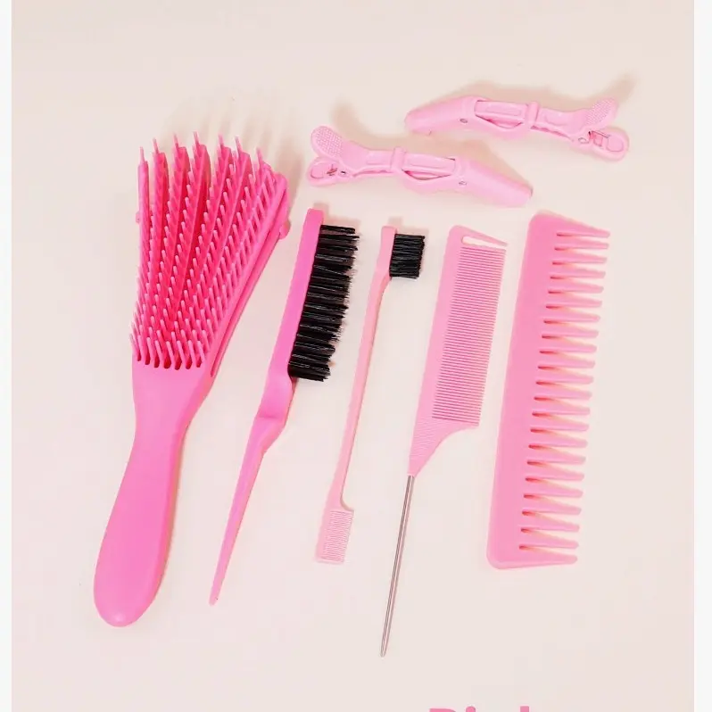 7pcs/Set Detangling Brush And Comb Set, Wide Teeth Hair Comb Rat Tail Comb Teasing Hair Brush Spray Bottle Alligator Clips Haircare Heatless Lightweight Handle Daily