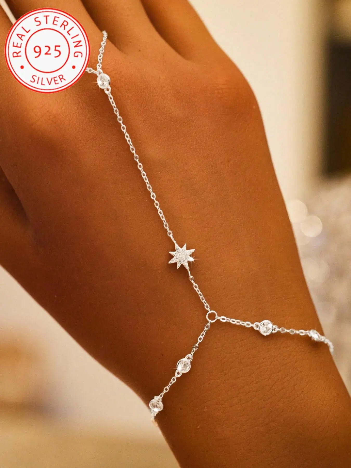 925 Silver Color Fashionable Elegant Octagram Cubic Zirconia Ring Bracelet Set, Elegant Prom Jewelry Set Accessory Set for Women's Daily and Party Wear Chain Set