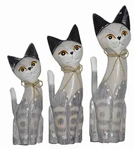 Large Hand Carved Beautiful Set of 3 Wood Gray Cats Green Eye Pet Lover Find Tabby Siamese Persian American Ragdoll
