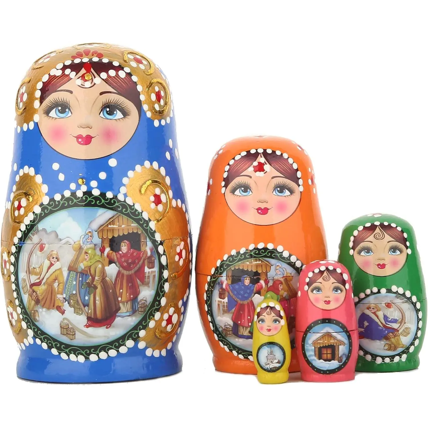5-Piece Handmade Wood Russian Nesting Dolls (Matryoshka) Collectibles - Blue Story Girl Design, Festive & Party Gift for Children for Christmas, Birthday