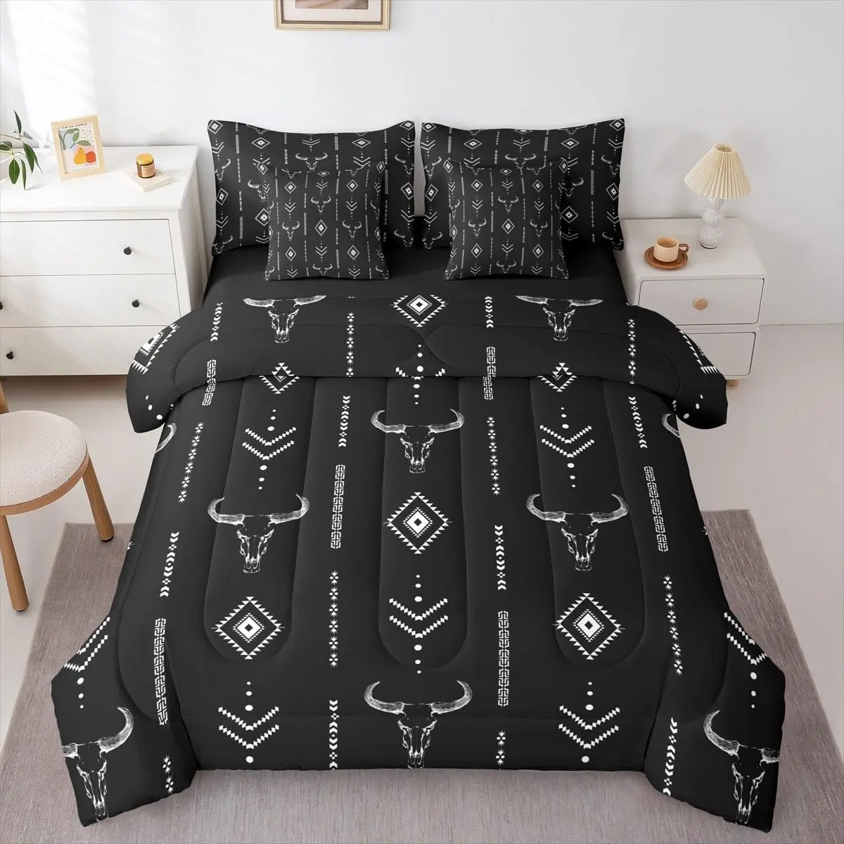 Feelyou 7-Piece Ultra Soft Microfiber Boho Western Bedding Set - Decorative Aztec Print Comforter Set with Exotic Bull Skull, Rustic Tribal Horns Sheets, Microfiber Bedding Set