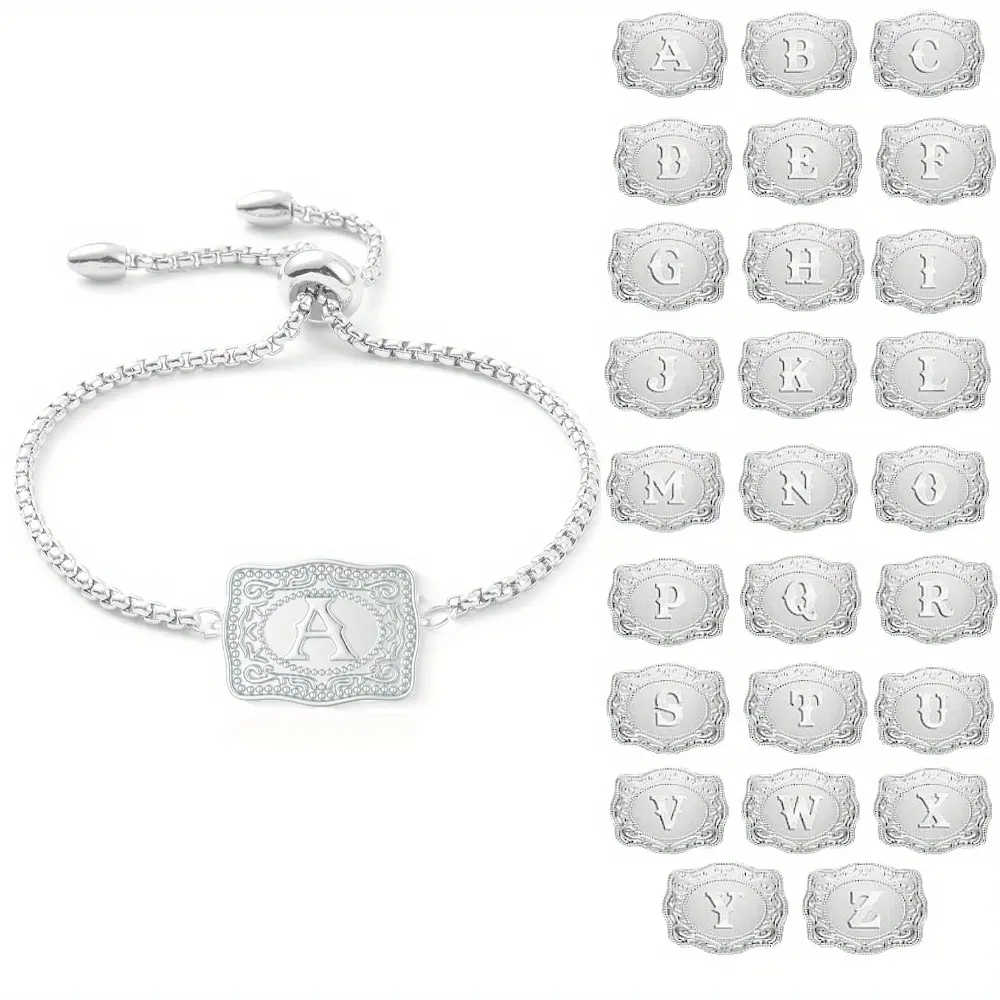 Classic Silver Stainless Steel Initial Bracelet, Unisex Charm Jewelry with an Adjustable Multi-Size Belt Buckle Clasp for Daily Wear, Letter Charm, Adjustable Belt Buckle Clasp, T, G, Multi-Size Clasp