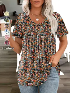 Plus Size Women's Ditsy Floral Print T-Shirt, V-Neck Ruched Short Sleeve Waist Cinched Top, Casual Loose Flowy Tee for Daily Wear