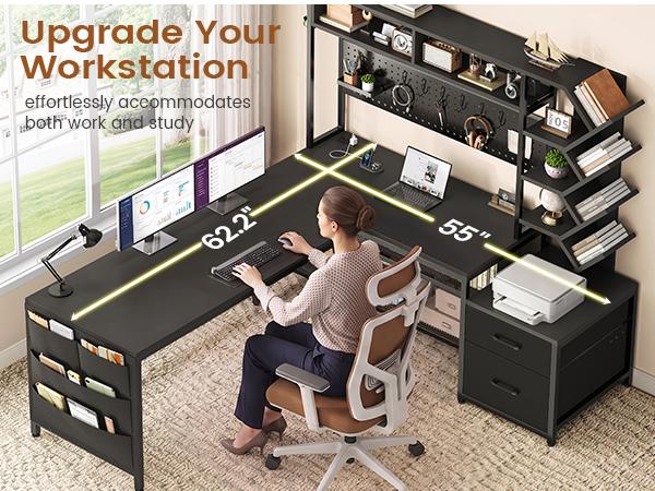 SEDETA L Shaped Gaming Desk with Hutch, Convertible 97.6" Two Person Office Desk with Drawers and Bookshelf, Corner Computer Desk with Power Outlet, LED Lights, Pegboard