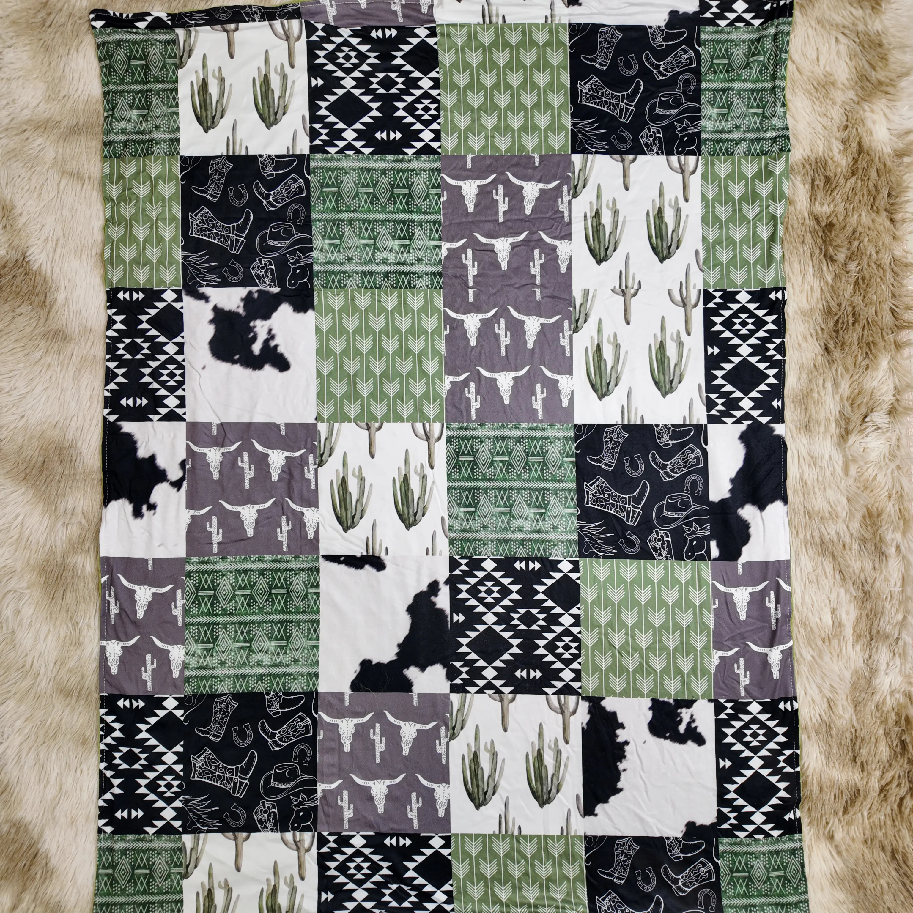 Cactus bull skull boots aztec printed green blanket western baby kids blankets