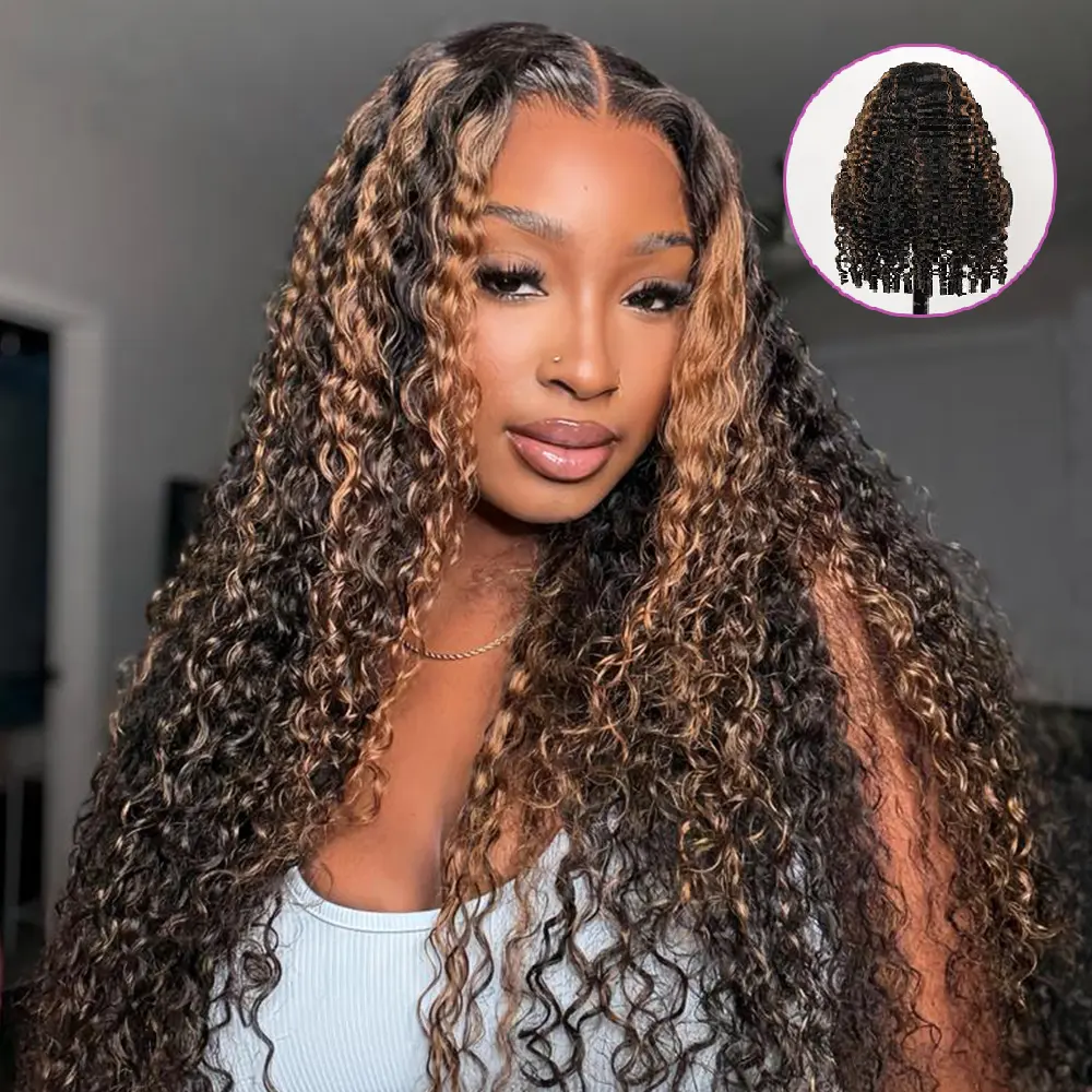 Midulla Highlight Burmese Curly Human Hair Wigs, 13x6 Pre-Cut Lace Front, Glueless Ready to Wear with Finger Coil Ends, 200% Density, Curly Hair, Wigs Human Hair
