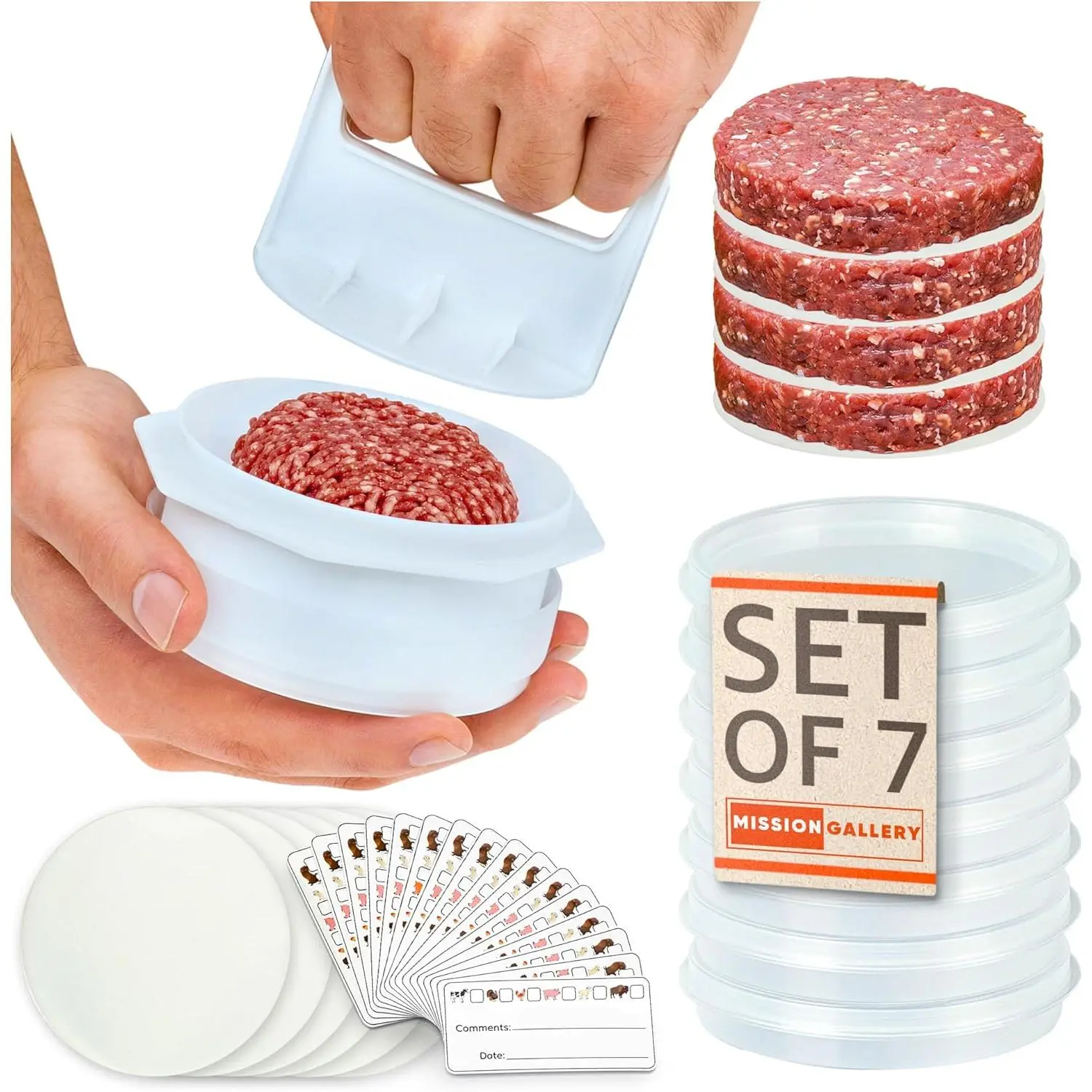 Hamburger Patty Maker Press Kit, 4-in-1 Multi-use Food Prep Utensil with 7 Storage Containers and 100 Paper Liners for BBQ Meat and Vegetable Patties, Kitchen, Bbq Kitchen Gadgets, Household Cooking Gadget, Bbq Prep