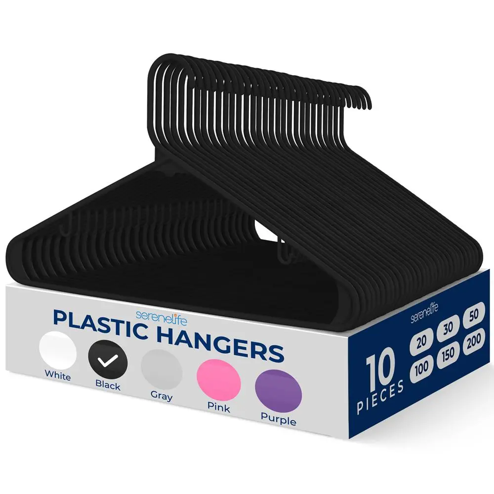 10 Pcs Plastic Hangers - Black | Heavy-Duty Non-Slip Clothes Hanger with Hook - Space-Saving Closet Organizer for Shirts, Coats, Dresses - Household Essentials