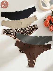 Women's Seamless Soft Thongs Leopard Print Heart Cut Out, Comfortable Invisible Panties, Soft Comfy Panty, Fitted Low Waist, All Seasons, 5/7/10 Pack Seamless Knicker