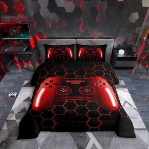 Bed Comforter Sets for Boys Kids,Red Gaming Bedding Set,Cool Gamer Bedding Comforter Sets,Black Honeycomb Geometric Game Comforter
