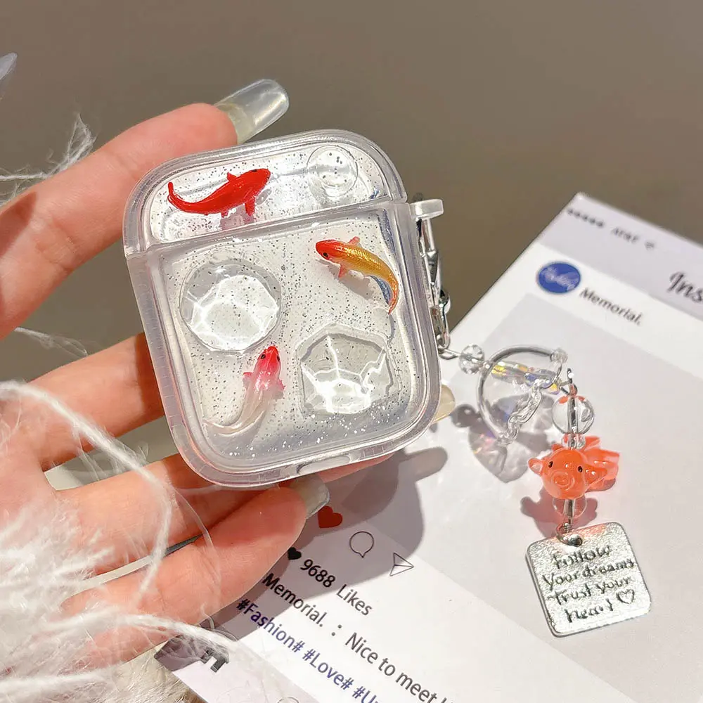 Transparent carp fish cute 3D pendant bling earphone case for apple airpods 4 3 2 pro 1/2  wireless bluetooth charging box cover