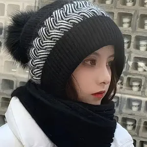 Women's Winter Warm Wool Hat Scarf Set, Chic Pom Pom Soft Knitted Ear Warmer Neck Protection, Fashionable Multifunctional Accessory, Perfect Valentine's Gift