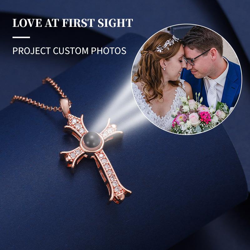 Unisex Copper-Alloy Full Cross Diamond Pendant Projection Necklace - Korean Customized Jewelry Gifts, Personalized Necklaces for Female, Anniversary Gift with Custom Content (Contact Us)
