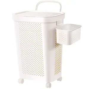 Ultra Wheeled Laundry Hamper with Lid, Suspended basket，Handle and Wheels for Easy Rolling of Clothes to and from The Laundry Room, Plastic（White）