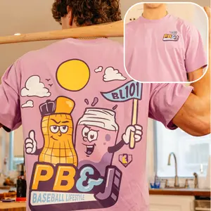 YOUTH & ADULT PB&J Baseball Lifestyle 2 Sided Graphic T-Shirt, Funny Peanut Butter Jelly Cartoon Tee, Cute Food Sport Fan Outfit, Casual Trendy Gift Shirt
