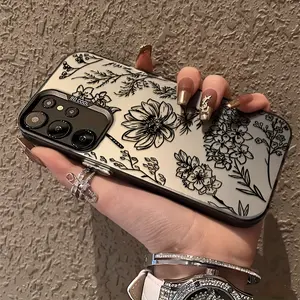 Elegant Phone Case with Floral Design in Black Outline, for Samsung Galaxy S25 S24 S23 S22 S20 S21 ULTRA and S25 PLUS S24 FE Series, with Matte Finish for Anti-Drop Protection
