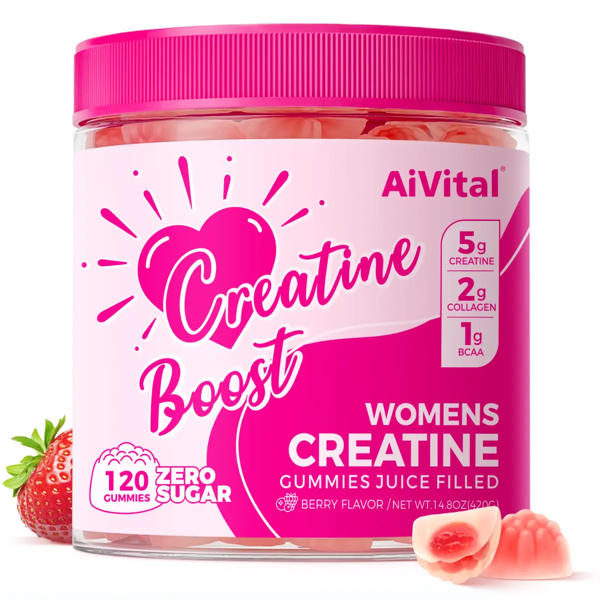 【Buy 2 Get 1 Free】AiVital Zero Sugar Creatine Gummies for Women . with 5g Creatine, 2g Collagen, 1g BCAAs. No Sugar, Berry Flavor Filled Gummy, 120 Count.[New and old packaging shipped randomly] outdoorfun, Fitness, Healthcare