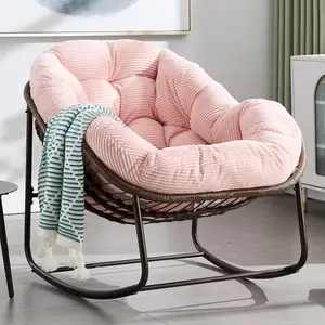 Oversized Outdoor Rocking Chair, Rattan Papasan Chair, Indoor Egg Rocker with Thick Cushion, Large Patio Glider Rocker for Garden, Living Room (Pink Velvet)
