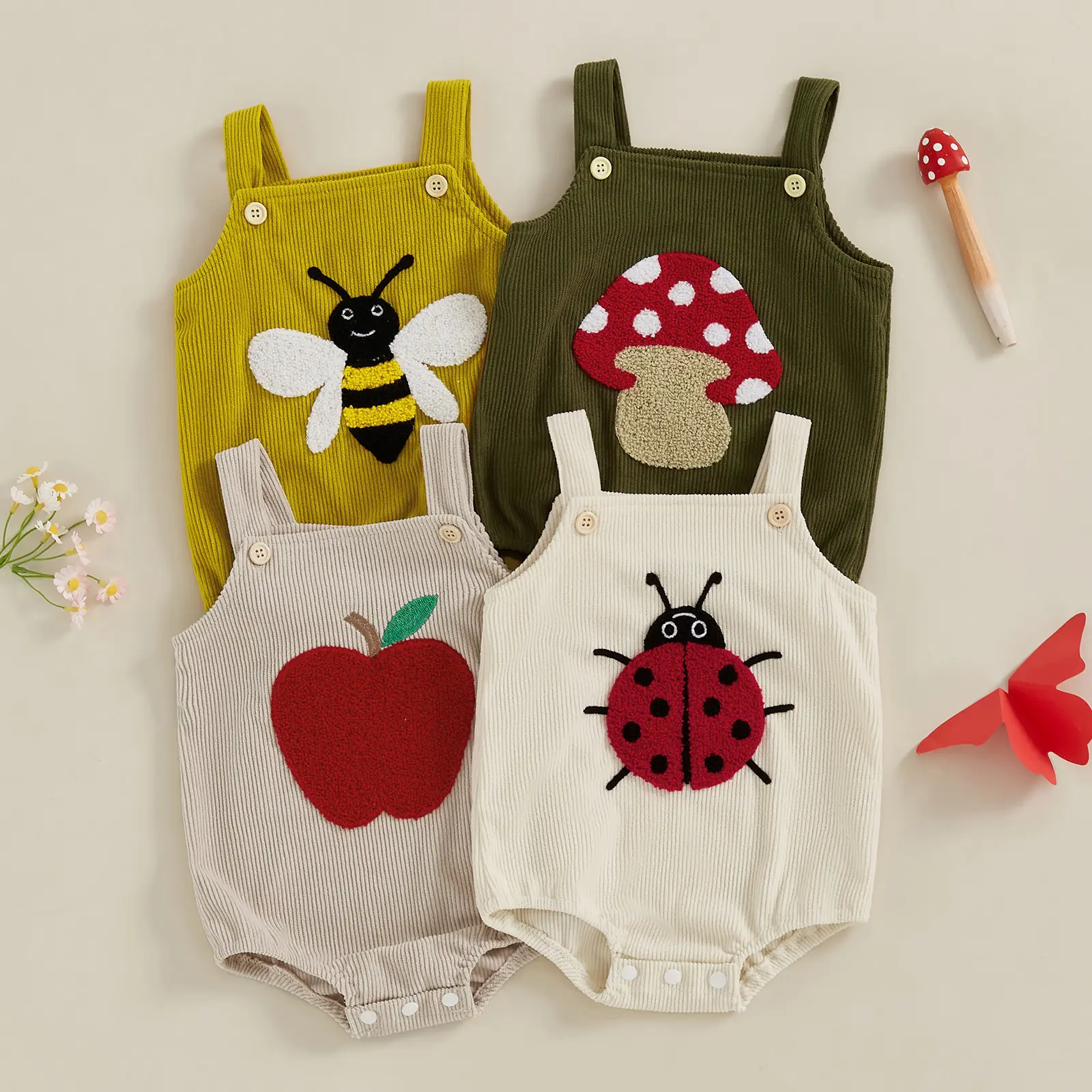 Baby Romper, Sleeveless Embroidery Ladybug Bee Fruit Mushroom Bodysuit Overalls for Girls Boys