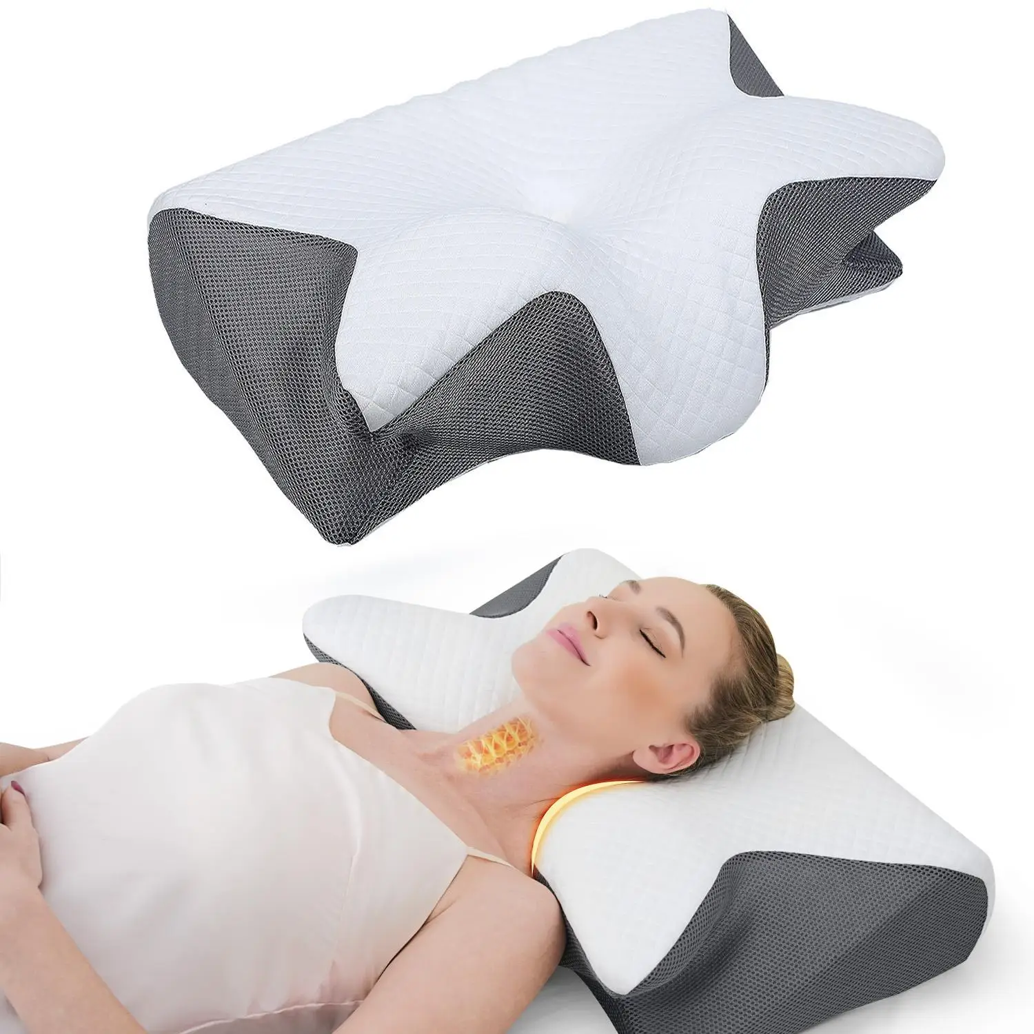 Slow-rebound premium memory foam pillow for neck and shoulder relaxation, two height options and armrests, contoured zoned pillow for ultimate comfort