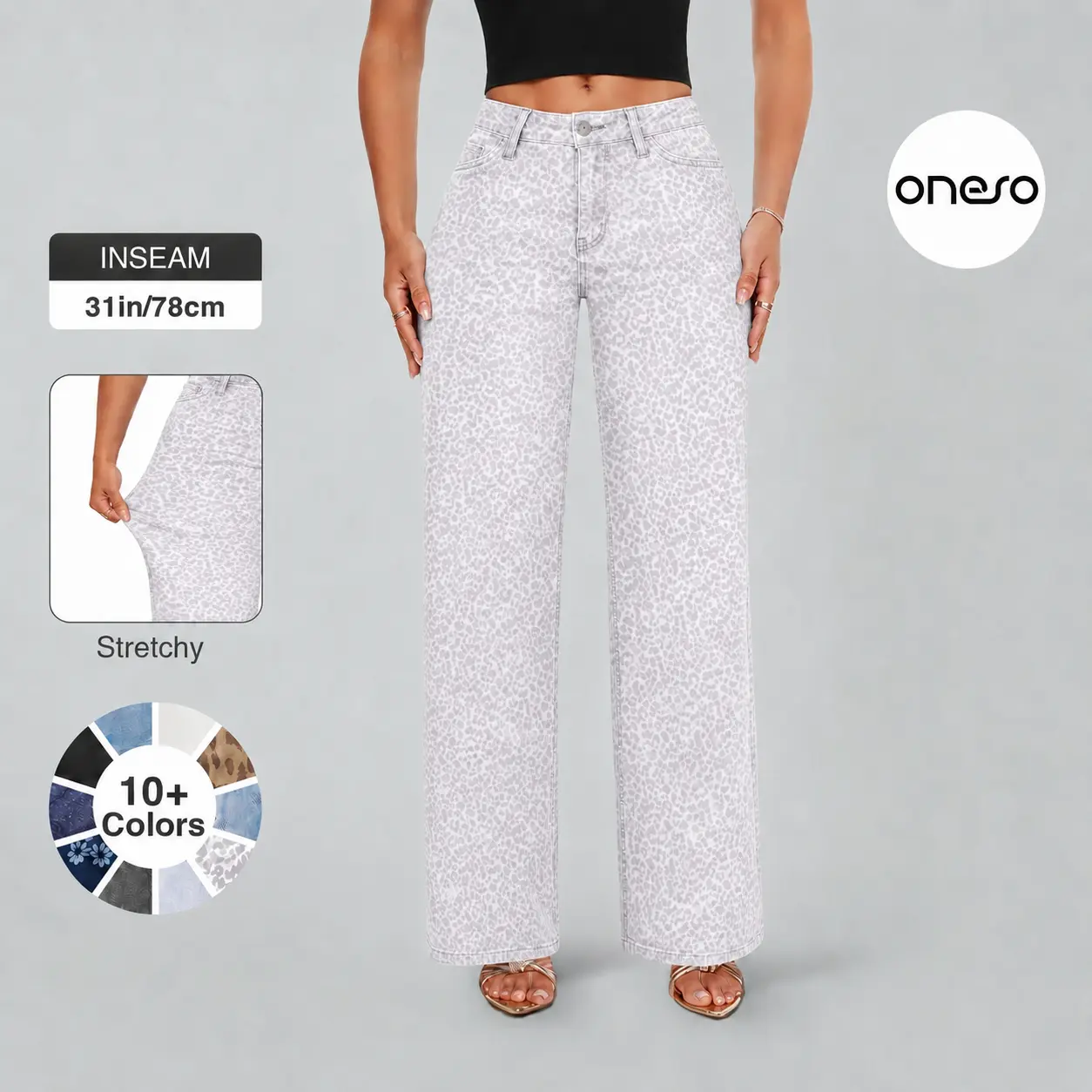 ONESO Women's Cheetah Print Cargo Jeans, Stretchy Low Rise Wide Leg Denim Pants with Tummy Control, Built-in BBL Effect, Foldable, Washed Look, Expandable, Basic Minimalist Casual Bottoms (Glovia-Cheetah Print, Cold Wash Safe)