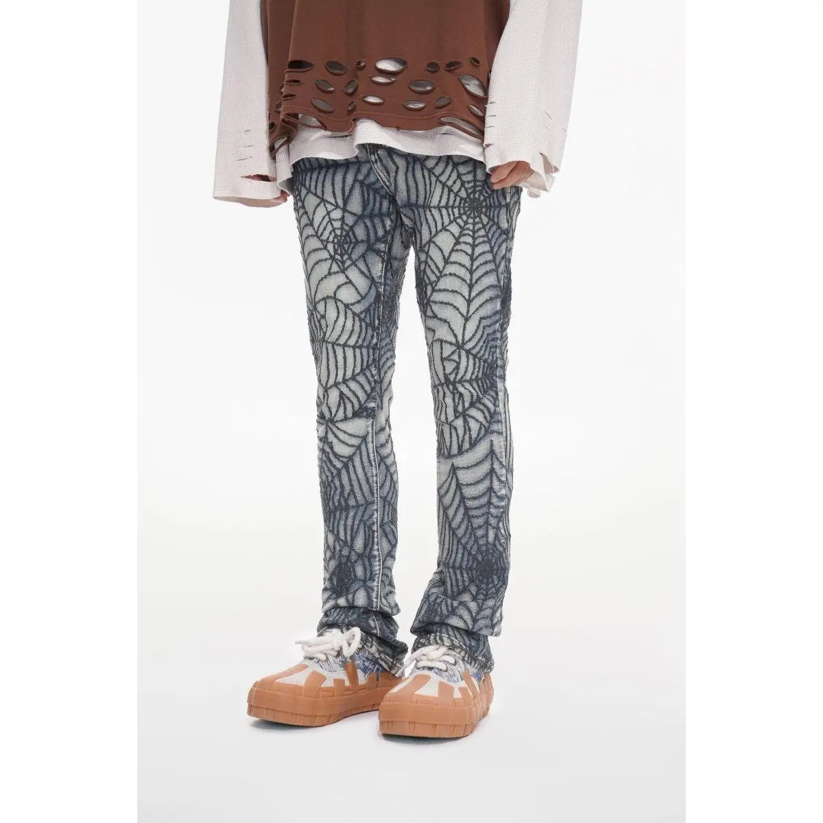 Women's Stacked Jeans, Light Blue Streetwear Denim with Spider Web Detailing - Alternative Style Pants for Women, Tapered, Extended Length For Natural Stacking, Edgy Jeans, Cold Wash, Hang Dry, Statement, Embellished Jeans