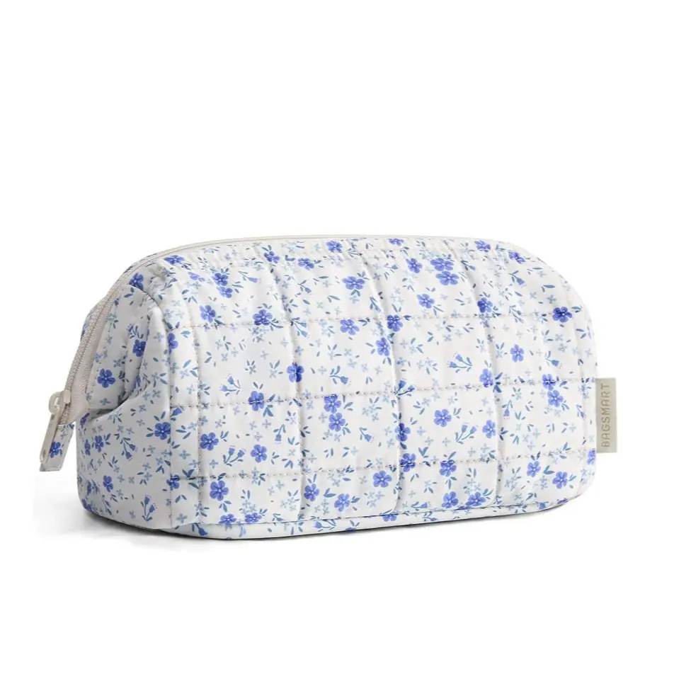 BAGSMART Makeup Bag Travel Toiletry Bag, Wide-open Zipper Pouch, Floral | Puffy Padded, Travel Essentials, Make Up Bag, For Women, Makeup Organizer, Toiletries Accessories Brushes