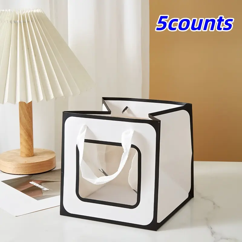 5-Piece Transparent Window Gift Bags, Large Capacity, & Flower Cake Handle Paper Bag, Ideal for Thanksgiving, Christmas, Weddings, Birthdays, Anniversary Party Gift