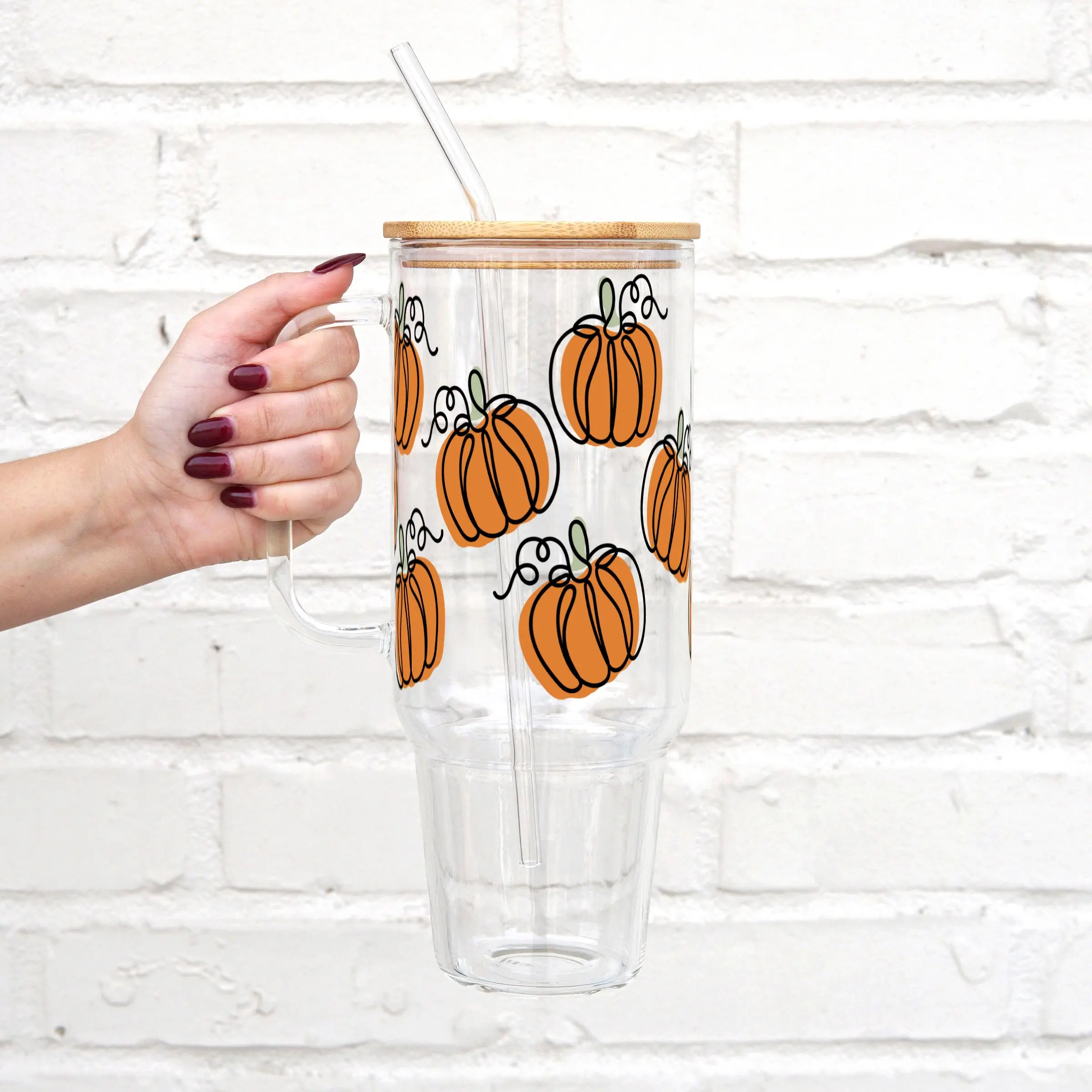 Fall Pumpkins 40oz Glass Tumbler with Lid and Straw, Iced Coffee Drinkware, Gift for Her, Acrylic Tumbler, water bottle for women, fall gifts, Modern, Bottles