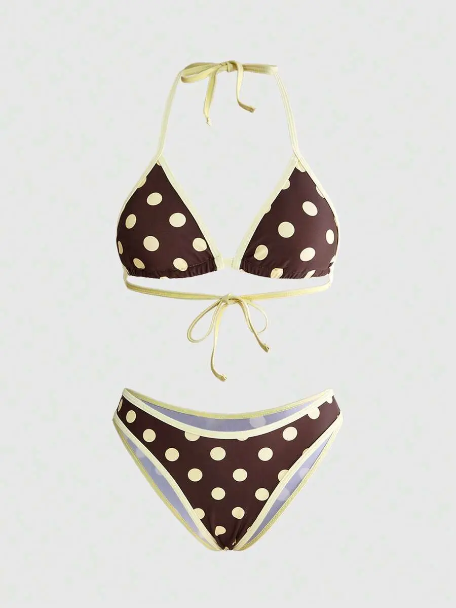 [FREE SHIP] 2pcs/Set Women's Sexy & Fashionable Black & White Bikini Swimwear, Summer Beach Wear Vacation Polka Dot