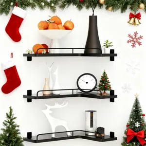 3 pcs Corner Bracket Set with Guardrail for Wall Mounting Christmas Decorative Storage Floating Corner Shelf Compact Black Version for Living Rooms Bedrooms Kitchens and Bathrooms bathroom organizer shelves  bedroom Fitting Wall Mounted Holder Wall Mounta