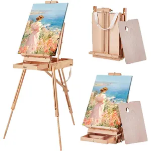 Spring new arrivals French Easel, Hold Canvas to 34", Beechwood Foldable Sketchbox Easel with Drawer, Palette and Strap, Angle and Height Adjustable, Portable Wooden Art Painting Easel for Studio and Field