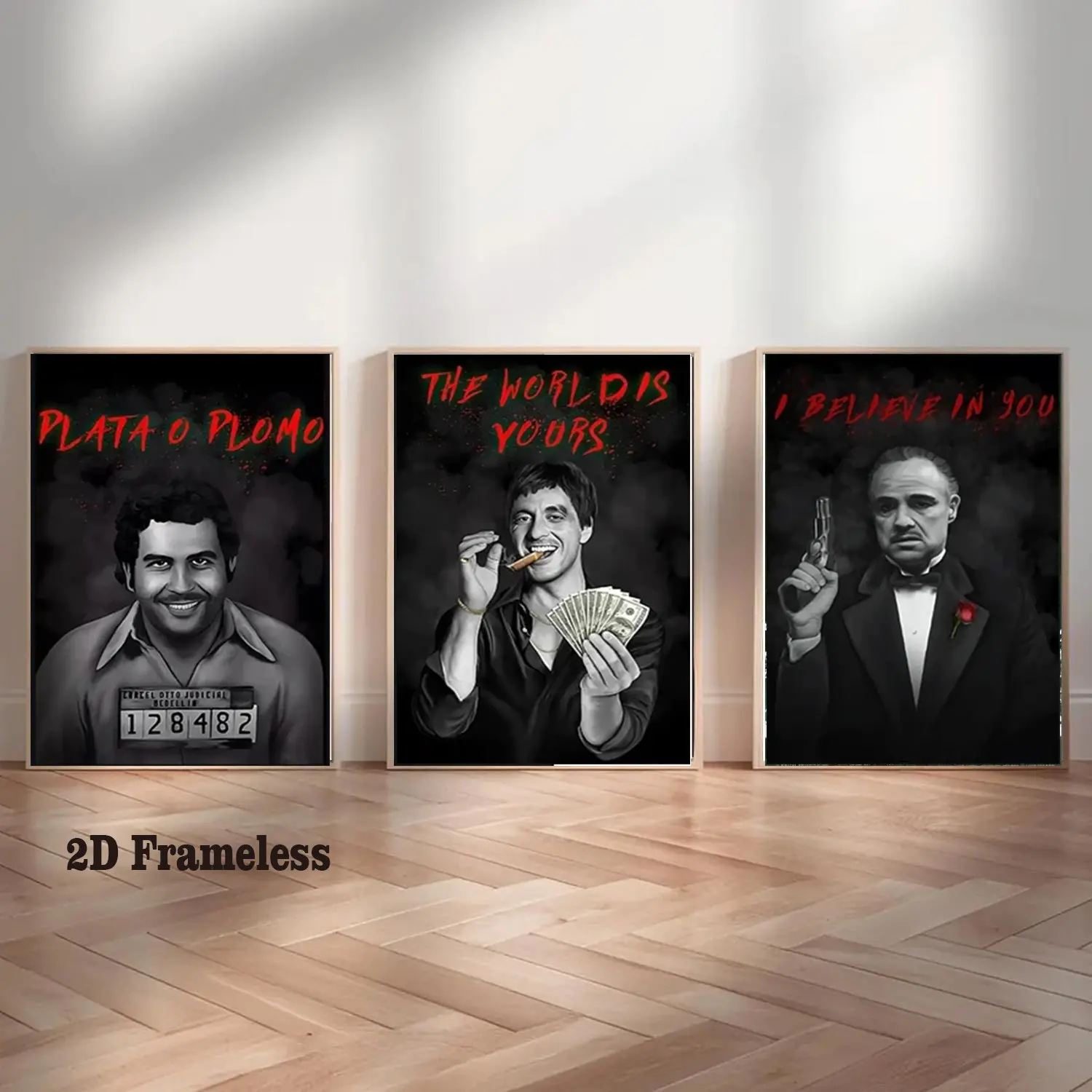 Set of 3: Movie Poster Set Featuring Legendary Gangster Icons, Canvas Prints, Gangster Portraits, Unique Artwork. Scarface, Escobar, The Godfather Aesthetic Wall Decor. 2D Flat, Frameless, Unframed Canvas Posters